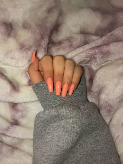 Nails Acrylic April, Peach Colored Acrylic Nails, Peach Nails Coffin, Neon Peach Nails, Peach Color Nails, Peachy Nails, Peach Acrylic Nails, Peach Colored Nails, Dance Nails