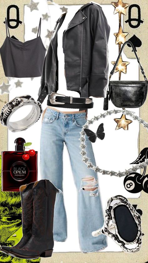 Click to shop, grungy biker chic styled look, 90s grunge, outfit inspiration, fall 2024 trends, fall 2024 outfit inspiration Retro Biker Style, Outfits Biker, Grunge Outfit Inspiration, 60s Outfit, Biker Chick Outfit, Biker Chick Style, Chick Outfit, Rockstar Aesthetic, Grunge Outfit