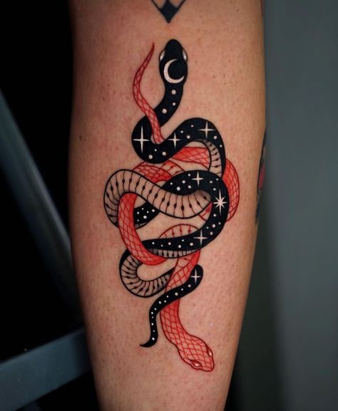 17 Witchy Tattoo Ideas for Your Next Ink - Spiritvibez Two Snake Tattoo Design, Halloween Snake Tattoo, Snake Knee Tattoos Women, Snake Tattoo Red Ink, Hip Tattoos Women Snake, Serpent Tattoo Woman, Snake Sleeve Tattoo Women, Red Snake Tattoo Back, Women Snake Tattoos