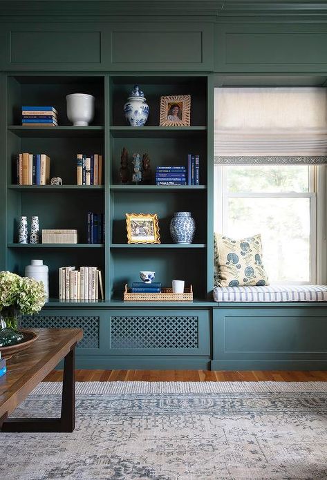 Green Den Built Ins with Bench - Traditional - Den/library/office Green Bookshelves, Erin Gates Design, Den Library, Family Friendly Living Room, English Library, Living Tv, Library Office, Erin Gates, Green Paint Colors