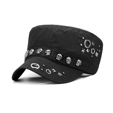 Gender:Unisex; Types:Hat; Style:Punk  Gothic,Steampunk; Material:Alloy,Polyester; Age Group:Teen,Adults'; Listing Date:10/31/2023 Skull Rock, Flat Top Hat, Punk Skull, Army Hat, Fitted Baseball Caps, Mode Hippie, Army Cap, Skull Hat, Flat Hats