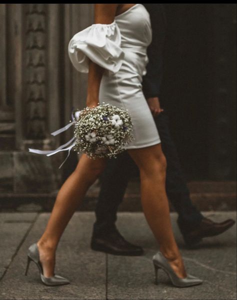 Engagement Shoot Bouquet, Short Dress Wedding Photos, Vintage Classic Engagement Photos, Freemont Street Wedding Photos, Courthouse Wedding Vintage, Court House Wedding Outfit, City Elopement Photos, Civil Wedding Photoshoot, Edgy Engagement Pictures