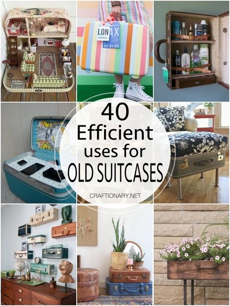 40 Efficient uses for old vintage suitcase - Craftionary Ideas For Vintage Suitcases, Repurposed Vintage Suitcase, Vintage Suitcase Shelves, Things To Do With Old Suitcases, Upcycle Old Suitcase, Suitcase Decorating Ideas, Ideas For Old Suitcases, Old Luggage Repurpose Ideas, Repurpose Suitcase Ideas