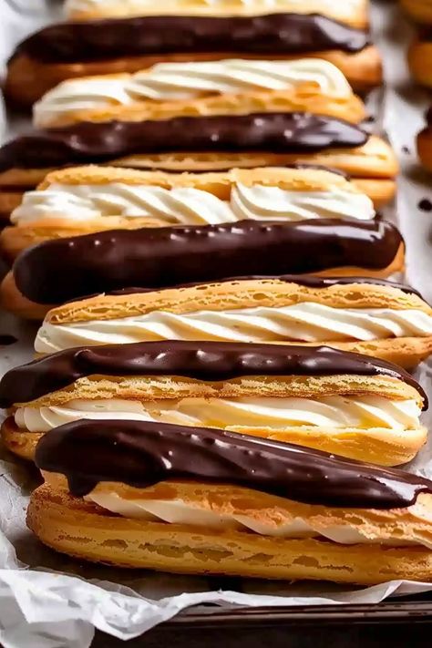 Best Choux Pastry Chocolate Eclairs Recipe Indulge in the luxurious delight of homemade chocolate éclairs with this detailed recipe. Perfectly crisp choux pastry, silky chocolate glaze, and a luscious stabilized ... Read more Eclair Recipes, Chocolate Eclairs Recipe, Puff Pastry Sticks, Eclairs Recipe, Chocolate Eclair Recipe, Fancy Baking, Chocolate Eclairs, Pastry Chocolate, Eclair Recipe