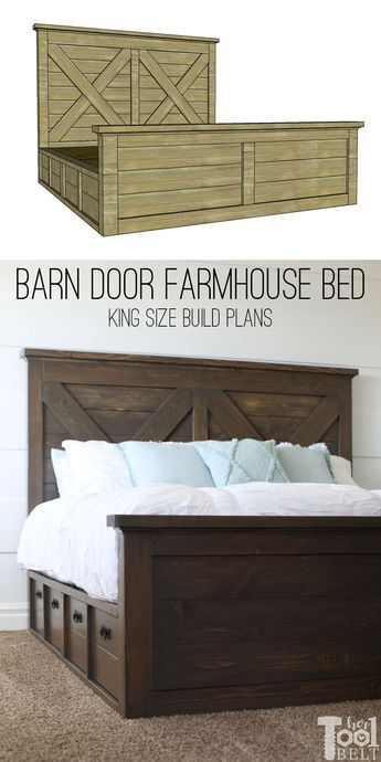 King Size Bed Frame Diy, Farmhouse Bed Frame, Barn Door Farmhouse, Bed Frame Plans, Farmhouse Bed, Mission Furniture, Door Farmhouse, Cama King Size, Build Plans