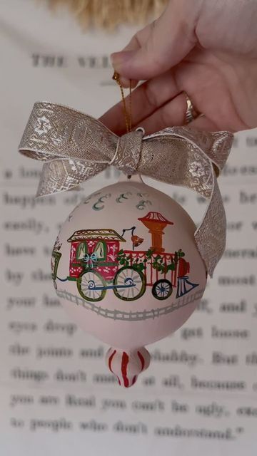 celeste coslett clark on Instagram: "painted ornament for my four year old boy 🤎 he requested a Christmas train with gingerbread sprinkled in somewhere. he was pleased with the bell 🔔" Celeste Clark, Elegant Holiday Decor, Train Christmas, Train Ornament, Painted Ornament, Painted Christmas Ornaments, Christmas Train, Painted Ornaments, Hand Painted Ornaments