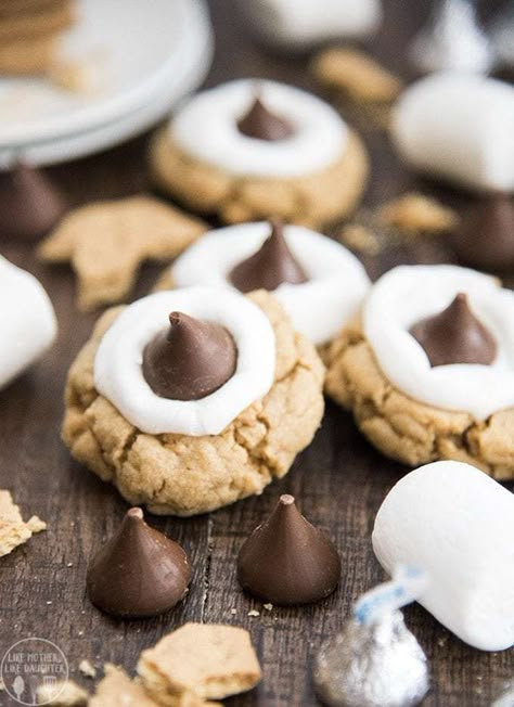 Hershey Kiss Cookies Recipe, Kisses Recipes, Hershey Kisses Recipes, Kiss Cookies Recipe, Smores Cookies Recipes, Peanut Butter Smores, Kiss Cookie Recipe, Hershey Kiss Cookies, Peanut Butter Kiss