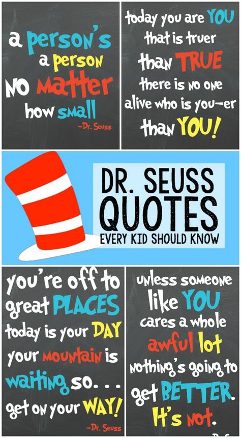 Dr. Seuss Quotes For Kids : Celebrate the wonderful words of Dr. Seuss and inspire your kids to get creative Here are 6 Dr. Seuss quotes kids will love. Dr Seuss Printables Free Quotes, Dr Seuss Quotes For Kids, Fun Quotes For Kids, Dr Quotes, Graduation Preschool, Dr Seuss Classroom, Seuss Classroom, Seuss Crafts, Kids Quotes