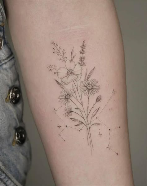 Nature Flower Tattoo, Black And Gray Wildflower Tattoo, September Wildflower Tattoo, Country Flowers Tattoo, Cute Body Tattoos, Wildflower Half Sleeve Tattoo Forearm, Fun Cute Tattoos, Wild Flower Hip Tattoo, Women’s Tattoo Placement