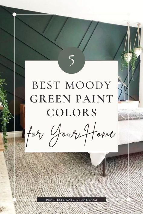 These are five best moody green paint colors for your home! Refresh your rooms and give your home a stylish DIY makeover on a budget with one of these moody green paint colors, perfect for creating a modern cottage style. These green paint colors will transform your home into the perfect soothing oasis. Painting a room is one of the cheapest ways to improve your home on a budget, and these are the best green paint colors for your bedroom, bathroom, living room, or kitchen! Sherwin Williams Shamrock Green, Sherwin Williams Arugula Green, Deep Green Office Walls, Best Emerald Green Paint Colors Bedroom, Frosted Emerald Sherwin Williams, Deep River Green Valspar, In The Garden Benjamin Moore, Bm Yorktowne Green, Dark Bluish Green Paint Colors