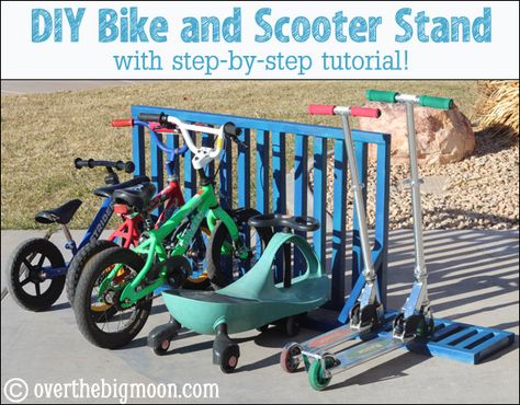 DIY Bike and Scooter Stand for your Garage. Full tutorial. I love that it holds both bikes and scooters! Diy Bike Storage, Scooter Stand, Outdoor Toy Storage, Organization Garage, Iron Fencing, Scooter Storage, Biking Diy, Support Velo, Storage Building