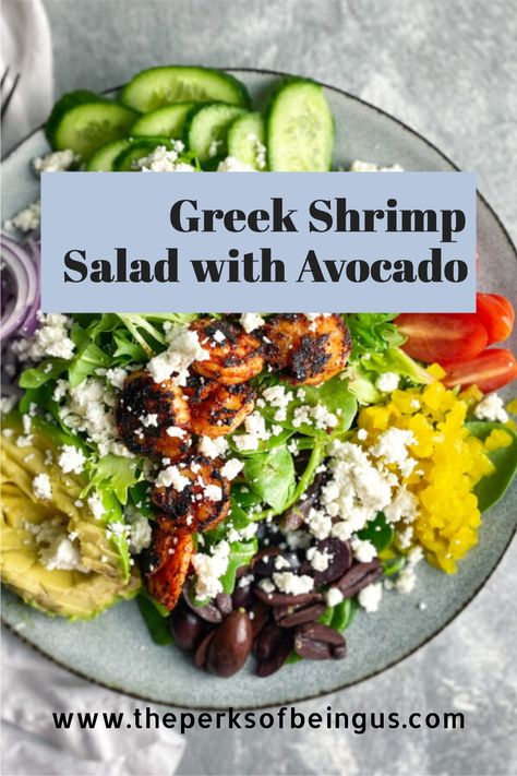 Lettuce Salad with Shrimp (Greek Style) - The Perks of Being Us Mixed Greens Salad With Shrimp, Greek Salad With Shrimp, Spinach Salad With Shrimp, Mediterranean Shrimp Salad, Salad With Shrimp Recipes, Salads With Shrimp, Greek Shrimp Salad, Greek Lettuce Salad, Shrimp Salads