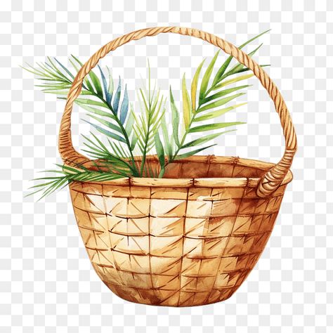 Watercolor Woven Basket With Palm Leaves Clipart Small Stone Cottage, Leaves Clipart, Cute Piglets, Bird Clipart, Leaf Clipart, Red Roof, Stone Cottage, Green Watercolor, Woven Basket