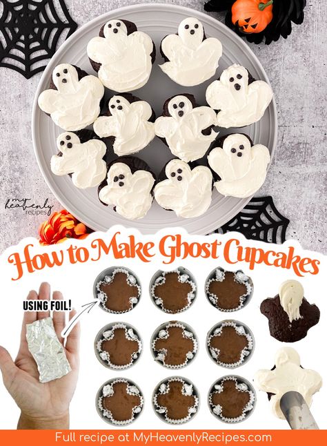 Crafty Morning - Make GHOST CUPCAKES using tin foil!!!... Ghost Shaped Cupcakes, Halloween Cupcakes Ghost, Ghost Cupcakes Halloween, Ghost Muffins, Haloween Cupcakes, Cute Halloween Cupcakes, Shaped Cupcakes, How To Make Ghosts, Halloween Party For Kids