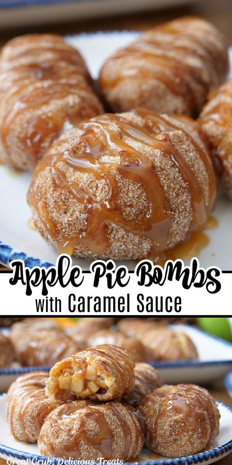 A double collage photo of apple pie bombs with caramel drizzled over them. Apple Pie Finger Food, Seasonal Treats Dessert Recipes, Apple Pie Deserts, Apple Pie Treats, Fun Treat Recipes, Apple Skins What To Do With, Fall Treats Baking, Yummy Apple Desserts, Fun Apple Recipes