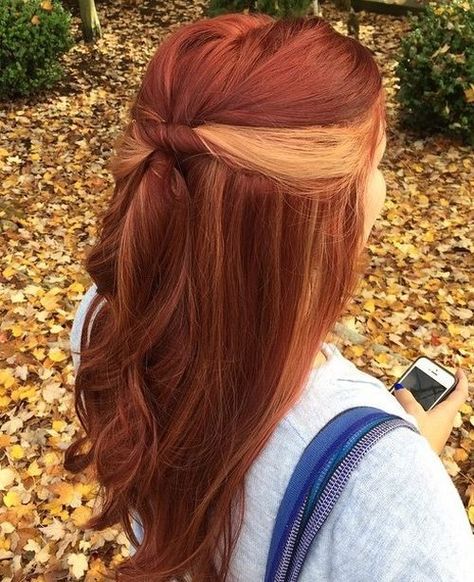 copper red hair with blonde peek-a-boo highlights Peek A Boo Highlights, Copper Red Hair, Red Blonde Hair, Peekaboo Hair, Ginger Hair Color, Braided Hairstyle, Shoulder Hair, Hair Color For Women, Trendy Hair Color