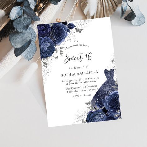 $2.95 | Navy Blue Roses & Dress Silver Sweet 16 Party #floral, dress, navy, blue, flowers, indigo, sweet 16, sweet sixteen, girls 16th birthday party, silver Silver Sweet 16, Navy Blue Roses, Blue Rose Dress, Invitations Quinceanera, Sweet 16 Party Invitations, Roses Dress, Sweet 16 Party, Sweet Sixteen Invitations, Navy Blue Flowers