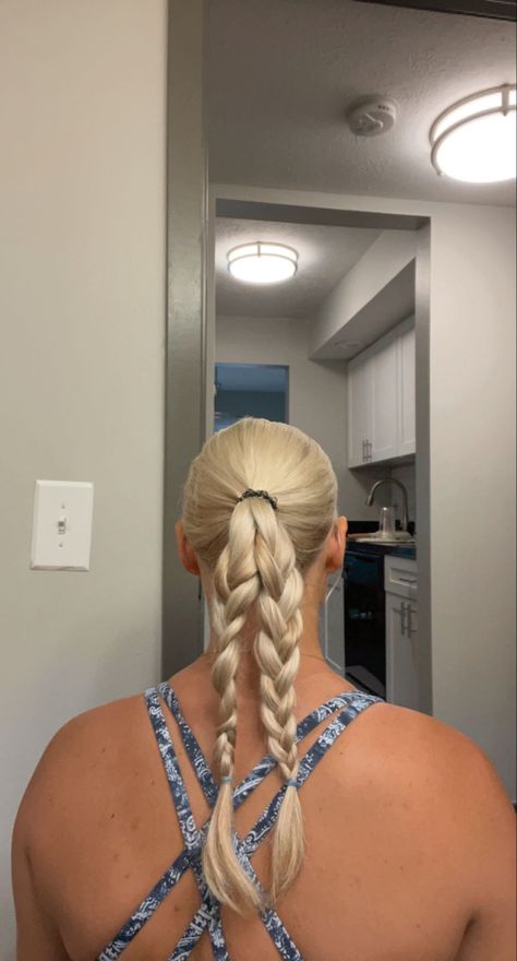 Low Ponytail Hairstyles For Cheer, Two Braids Into Low Ponytail, Athletic Hairstyles Low Pony, Ponytail 2 Braids, Two Braids In Ponytail, Ponytail Into Two Braids, Athletic Low Ponytail Hairstyles, Slick Back Double Braided Ponytail, Ponytail With 2 Braids