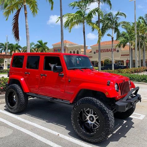 Jeep Wrangler Rubicon Red, Decked Out Jeep Wrangler, Red Jeep Wrangler Aesthetic, Red Jeep Rubicon, Red Jeep Aesthetic, Wrapped Jeep Wrangler, Red Jeep Wrangler Unlimited, Cool Jeeps Wrangler, Jeep Wrangler 1995