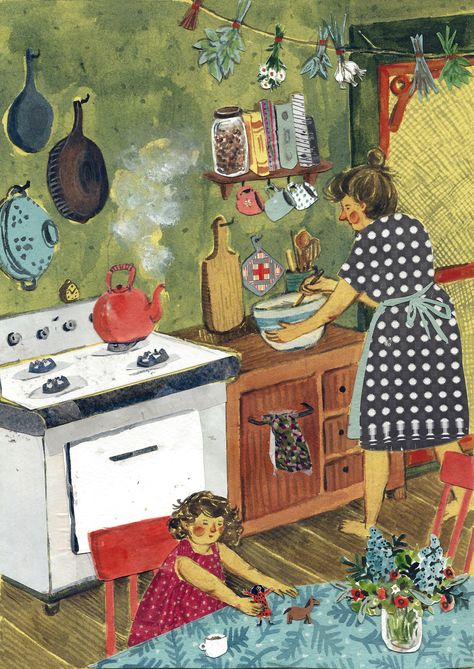 phoebe-bird:    Afternoon in the Kitchen, Phoebe Wahl, August 2012.  I was ridiculously productive today and made this as well as the other illustration I posted today… two illustrations in ten hours… ten hours spent as a silent hermit in my basement alternating between watching Masterpiece Mystery and listening to Mariee Sioux. WooOOo Phoebe Wahl, Women Cooking, Arte Folk, Wallpaper Collage, Winter Wood, Alphonse Mucha, Kitchen Prints, Naive Art, Childrens Illustrations