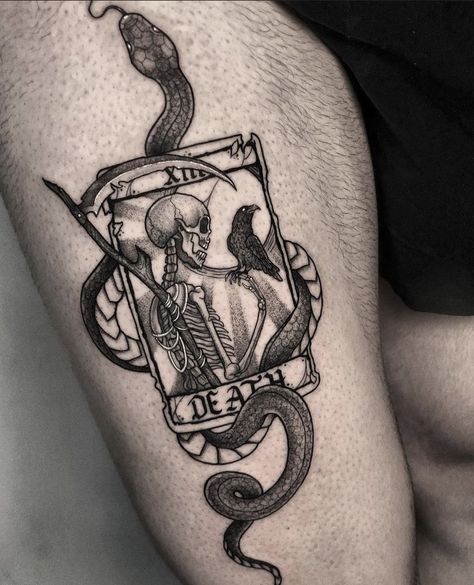 Severed Hand Tattoo, Grim Reaper Tarot Card Tattoo, Terro Cards Tattoos, Book On Fire Tattoo, Cover Up Tattoos Large, Edgy Flash Tattoos, Swords Tattoos, Tarot Card Tattoo Ideas, Card Tattoo Ideas