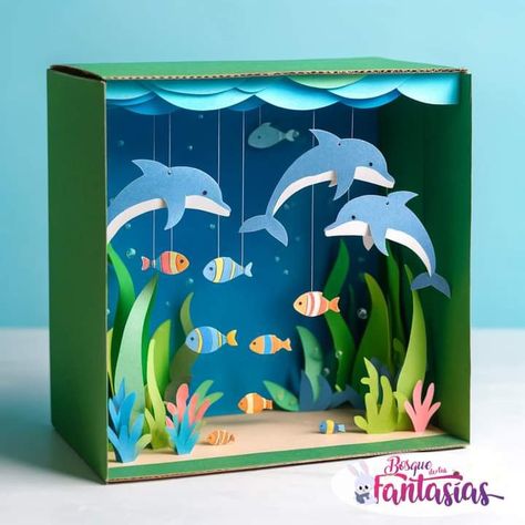 Ocean Habitat Project For Kids Shoebox, Dolphin Habitat Project For Kids, Ocean Shoe Box Project, Dioramas Ideas, Easy Kids Art Projects, Underwater Crafts, Ocean Diorama, Diorama Kids, Aquarium Craft