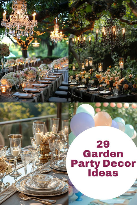 Elevate your next garden party with these 29 chic decor ideas! Whether you're hosting a casual picnic or an elegant soirée, these easy-to-do decorations will wow your guests. Think cozy lighting, floral centerpieces, and beautiful table setups that bring a touch of magic to any outdoor event. Let’s get your party Pinterest-worthy! Garden Party Entertainment, Indoor Garden Party Decor, English Garden Party Ideas, Indoor Garden Theme Wedding Reception, Garden Theme Dinner Party, Indoor Garden Party Decorations, Garden Of Eden Party Theme, Secret Garden Theme Party, Garden Party Tablescapes