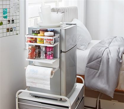 Cute Dorm Room Ideas Colleges, Mini Fridge Organization, Dorm Kitchen Essentials, Dorm Room Setup, Magnetic Shelf, College Items, Sliding Shelf, Dorm Fridge, Small Dorm Room