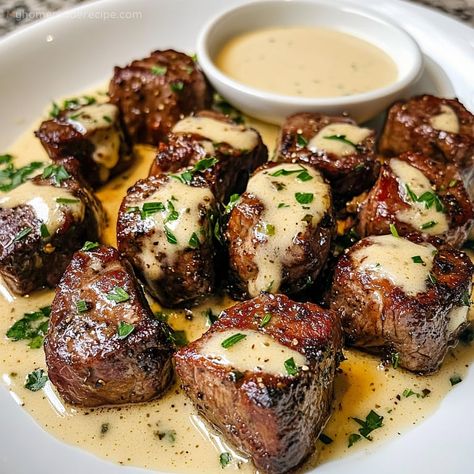 Garlic Butter Steak Bites with Parmesan Cream Sauce - Quick and Delicious - My Home Made Recipe Delicious Steak Dinner Recipes, Easy Garlic Butter Steak Bites, Steak With Garlic Butter Sauce, Garlic Butter Gravy, Garlic Steak Bites With Parmesan Sauce, Creamy Garlic Butter Steak Bites, Steak And Garlic Butter, Healthy Dinner Recipes For Two Steak, Steak Garlic Butter Recipes