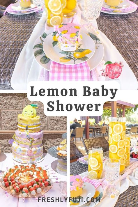 Three photos - top photo is a place setting featuring lemon plate, pink gingham napkins and a handmade lemon curd favor placed on top. Bottom left photo is of a diaper cake with pastel blankets and a lemon plush on top. Bottom right photo is a lemon centerpiece consisting of tall glass cylinder vases filled with sliced lemons and water. Lemonade Themed Baby Shower Ideas, Our Main Squeeze Baby Shower Theme, Strawberry Lemonade Baby Shower Theme, Lemon Themed Baby Shower Ideas Girl, Lemons Baby Shower Ideas, Lemonade Baby Shower Theme Girl, Lemon Themed Food, Summer Baby Girl Shower Ideas, Lemon Theme Baby Shower Ideas