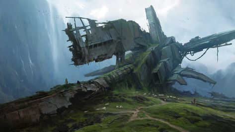 #crash #ruins #overgrown #sheep #spaceship #mountains #1080P #wallpaper #hdwallpaper #desktop Syfy Art, Apocalyptic Environment, Coriolis Rpg, Landscape Animation, These Broken Stars, Land Wallpaper, Sci Fi Landscape, Environment Painting, Sci Fi Environment