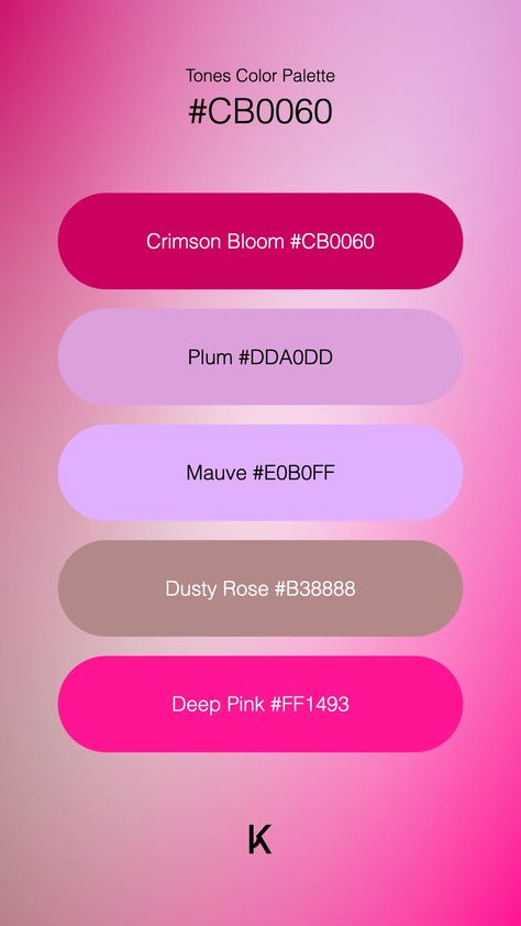 Tones Color Palette Crimson Bloom #CB0060 · Plum #DDA0DD · Mauve #E0B0FF · Dusty Rose #B38888 · Deep Pink #FF1493 Hex Color Palette, Color Pallete, Hex Colors, Deep Pink, Color Names, Dusty Rose, Unique Colors, Color Trends, Color Palettes