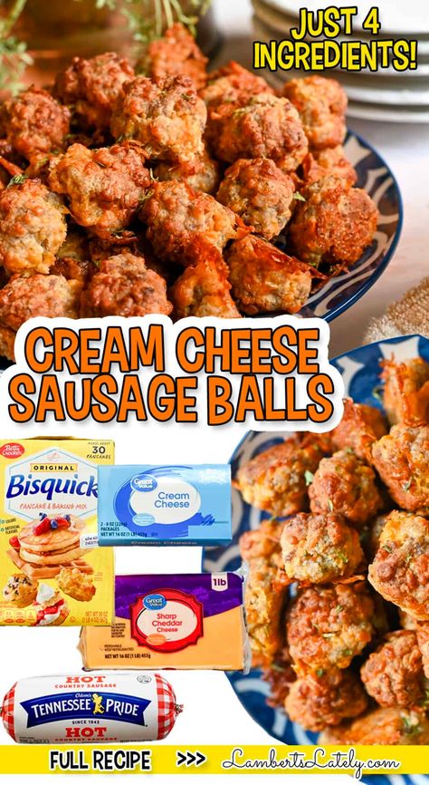 This easy recipe for cream cheese sausage balls only has 4 ingredients! Combine Bisquick, cream cheese, sharp cheddar, and breakfast sausage for a quick breakfast favorite. Ground Sausage Recipes Breakfast, Crock Pot Oatmeal, Recipe For Cream Cheese, Cheese Sausage Balls, Sausage Ball, Sausage Balls Bisquick, Cream Cheese Sausage, Ground Sausage Recipes, Holiday Appetizers Christmas