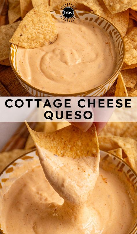 Cottage Cheese Queso Dip - The Schmidty Wife Healthy Cheese Dip Recipes, Weight Watchers Queso Dip, Low Cal Queso, Savory Cottage Cheese Toppings, Low Calorie Cheese Dip, Cottage Cheese Taco Dip Recipes, Home Made Cheese Dip, Cottage Cheese Tzatziki, Healthier Party Food