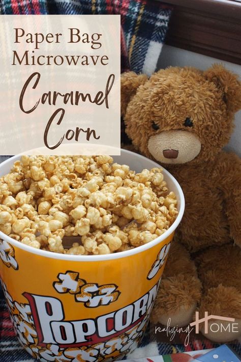 teddy bear is ready for movie night with a blanket, Christmas movies and a large bucket of caramel corn Microwave Carmel Corn In Paper Bag, Carmel Puffcorn Recipe Microwave, Carmel Popcorn Microwave, Oven Caramel Popcorn, Brown Bag Popcorn, Carmel Corn Recipe, Popcorn In A Bag, Microwave Caramel Popcorn, Church Snacks