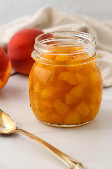 An easy and effortless recipe for sweet and saucy peach compote. Perfect for spooning over ice cream, waffles, yogurt, oatmeal....the options are endless! Peaches And Cream Ice Cream, Scandinavian Desserts, Strawberry Rhubarb Sauce, Oat Porridge, Pear Compote, Peach Compote, Yogurt Oatmeal, Swedish Pancakes, Rhubarb Compote