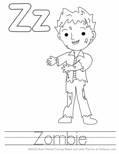 Free Halloween Themed Coloring Pages letter worksheet Z is for Zombie - Set includes a variety of Letter Z coloring and tracing worksheets. Ideal for homeschoolers & preschool teachers and perfect for Halloween-themed lesson plans! 🍁🖍👻🎨 #Homeschooling #PreschoolEducation #PreKLearning #HalloweenActivities #AlphabetWorksheets #Zombie # #Printables #Freeprintable #letterZ #FreeprintableHalloweenWorksheet #HalloweenWorksheets Letter Z Crafts, Z Coloring Pages, Crafts Cardboard, Abc Crafts, Free Printable Halloween, Halloween Crafts Preschool, Preschool Teachers, Halloween Worksheets, Free Printable Letters