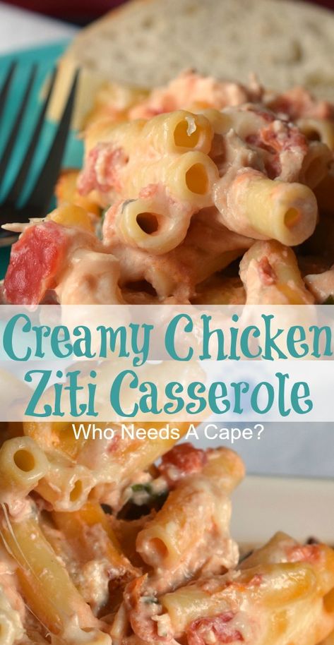 Creamy Chicken Ziti Casserole - Who Needs A Cape? Chicken Ziti, Ziti Casserole, Chicken Casseroles, Diy Easy Recipes, Tres Leches Cake, Diced Tomatoes, Spinach And Cheese, Kielbasa, Food Blogs