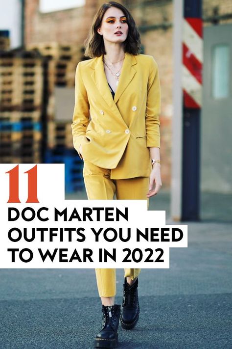 Formal Dress With Doc Martens, Dr Marten Work Outfit Women, Blazer With Doc Martens, Doc Martens Formal Outfit, Dressy Outfits With Doc Martens, Doc Martens Dressed Up, How To Style Doc Martens Boots, Styling Dr Martens Boots, Styling Black Doc Martens