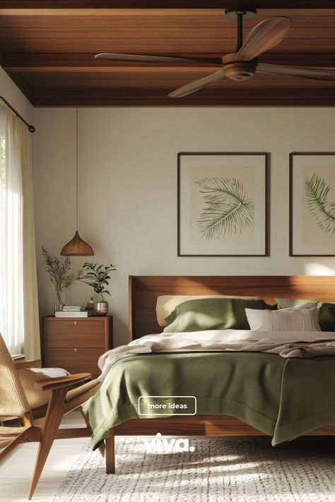 ♥ Are you looking to create a cozy and stylish retreat in your home? Explore the charm of this Mid Century Modern Bedroom with its unique boho decor and inviting colors. Get inspired by the combination of minimalist furniture and contemporary design ideas. 🛏️🌿 #MidCenturyModern #BedroomDecor #HomeInspiration #BohoDesign Midcentury Furniture Bedroom, Cozy Contemporary Interior Design, Green Mid Century Modern Bedroom, Mid Century Modern Bedroom Green, Midcentury Modern Bedroom Furniture, Mid Century Modern Bedroom Design Ideas, Cozy Mid Century Modern Bedroom, Modern Boho Chic Bedroom, Boho Mid Century Modern Bedroom