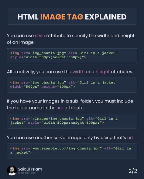 (20) Saidul on X: "HTML Image tag Explained in detail, in visual presentation. [ Bookmark for future 📘] <<Thread 🧵>> https://t.co/Lf9nqN98rp" / X Desain Ux, Html Tags, Css Tutorial, Visual Presentation, Funny Image, Computer Knowledge, Business Automation, Learn To Code, Html Css