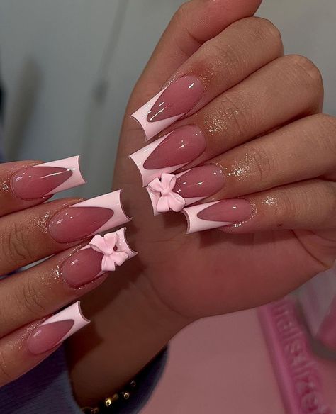 Coquette Valentines Nails, Balletcore Nails, Nail Inspo Valentines Day, Nail Inspo Valentines, Nail Inspo French Tip, Nail Inspo French, Nail Inspo Nail Art, Pink Nail Inspo, Coquette Nail