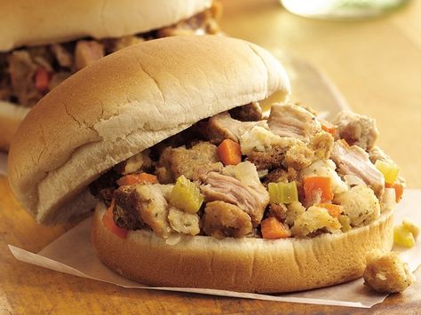 Slow Cooker Turkey & Dressing Sandwiches #Thanksgiving #Leftovers Turkey And Dressing Sandwiches, Dressing Turkey, Turkey Dressing Recipe, Turkey And Dressing, Sandwich Dinner, Hot Beef Sandwiches, Turkey Sandwiches Recipes, Turkey Dressing, Turkey And Stuffing