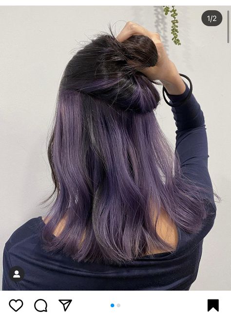 Dyed Hair For Brunettes Purple, Purple Under Layer Hair, Ear Loop Highlights Hair, Underneath Dyed Hair For Brunettes Purple, Purple Hair Underneath Black, Undercolor Hair Ideas Purple, Dark Purple Underdye Hair, Two Toned Hair Purple, Purple Under Highlights