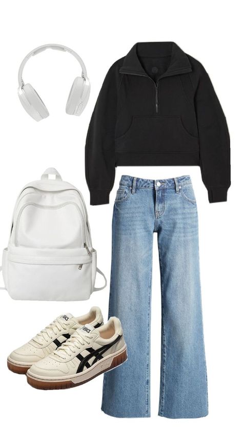 A sporty back to school outfit. Lululemon jacket, wide leg jeans, versatile sneakers, and a backpack that fits everything you need. Wide Leg Jeans Outfit School, Versatile Sneakers, Wide Leg Jeans Outfit, Backpack Outfit, Journal Books, Back To School Outfit, Lululemon Outfits, Lululemon Jacket, Fit Ideas