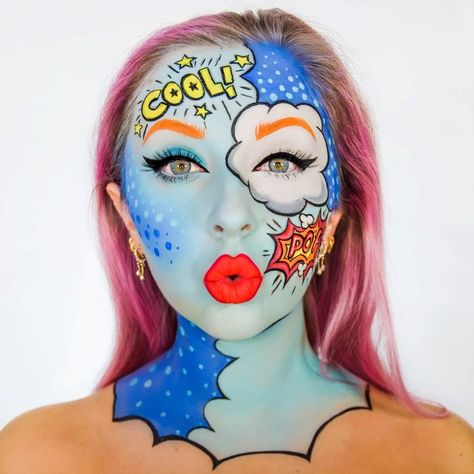 Pop Art Face Painting, Airbrush Face Paint, Pop Art Body Painting, Pop Art Face Makeup, Face Painting Artistic, Pop Art Face Paint, Face Art Makeup Paint Ideas, Pop Art Makeup Ideas, Face Painting Designs Creative