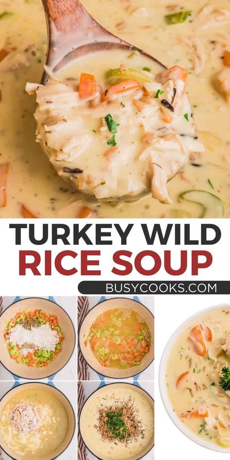 Get your leftover Thanksgiving turkey ready for this creamy textured turkey wild rice soup packed with vegetables. It all adds up to a great and well-balanced bite. Creamy Turkey Wild Rice Soup, Cream Of Turkey And Wild Rice Soup, Creamy Turkey Rice Soup, Turkey Wild Rice Soup Recipes, Turkey Orzo Soup, Wild Rice Soup Healthy, Turkey And Wild Rice Soup, Turkey And Rice Soup, Ham And Lentil Soup