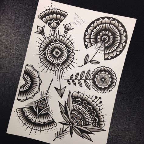 Geometric flower/mandala tattoo flash painted in black ink by chris jones tattooer. Vic Market Tattoo, Melbourne, Australia Flower Mandala Tattoo, Traditional Mandala Tattoo, Traditional Mandala, Mandala Flower Tattoos, Traditional Tattoo Flowers, Geometric Mandala Tattoo, Flower Tattoo Back, Traditional Tattoo Sleeve, Skeleton Hand Tattoo