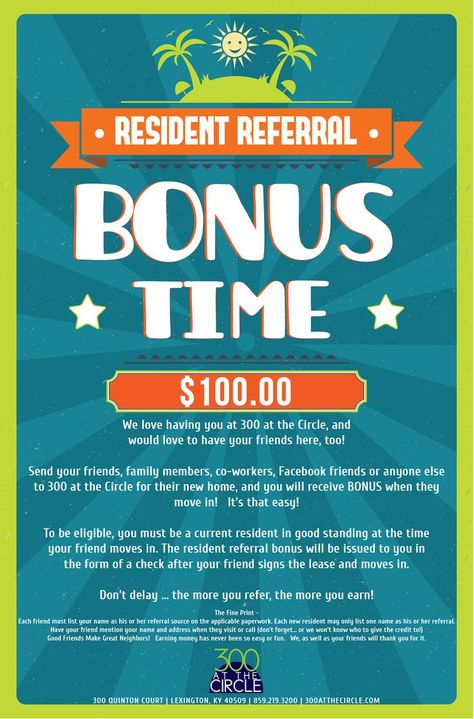 300ATC Resident Referral Flyer: Resident Referral Flyer Marketing Ideas, Resident Retention Ideas Apartments, Incentive Ideas, Work Event Ideas, Resident Appreciation, Property Management Marketing, Leasing Consultant, Marketing Gifts, Resident Retention