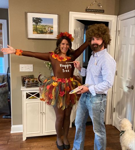 Diy Bob Ross Couple Costume, 70s Costumes Couple, Bob Ross Halloween Costume Couple, Funny Cute Couple Costumes, Bob Ross Couples Halloween Costume, Bob Ross And Tree Costume, Lumberjack And Tree Couples Costume, Bob Ross Happy Tree Costume, Old People Halloween Costumes Couples